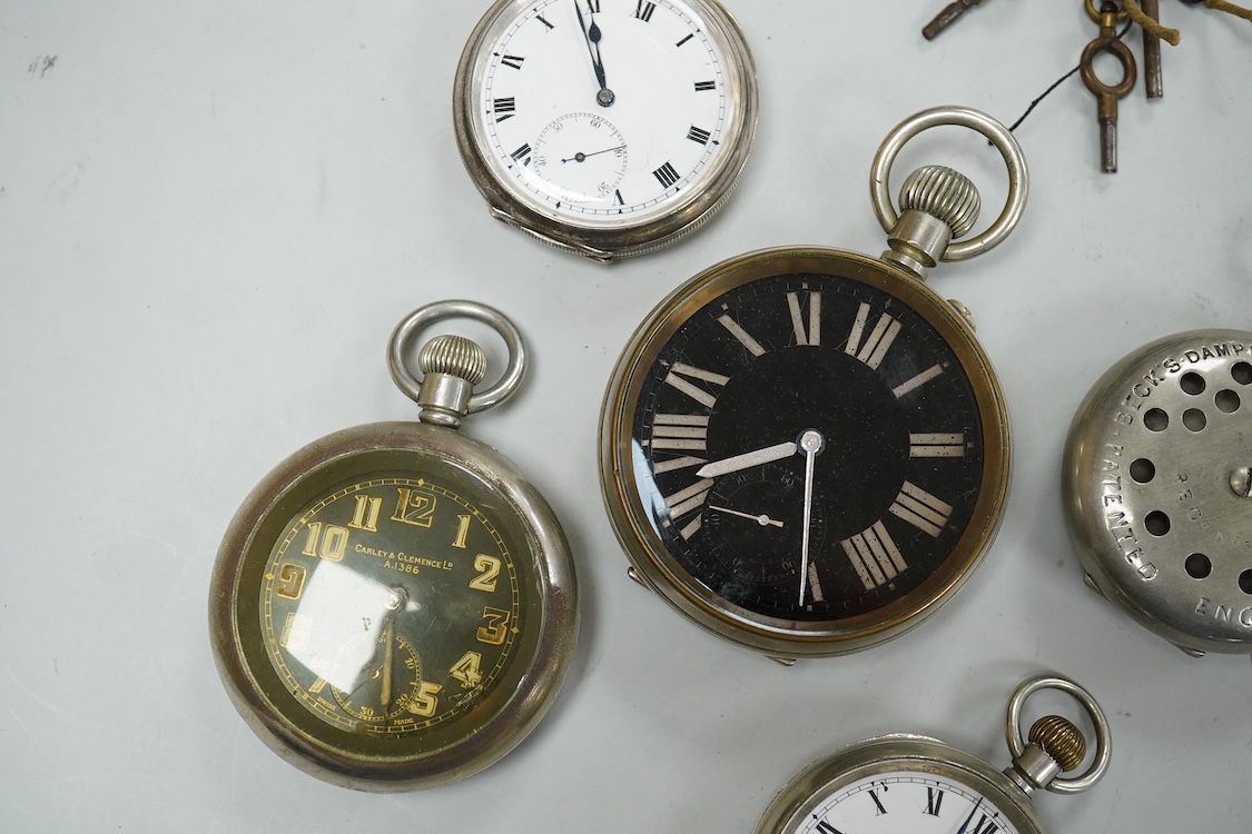 A collection of open faced pocket keyless watches to include a black faced Military pocket watch signed Carley & Clemence A1386, stamped verso GS MK. D 1386another black faced pocket watch, a silver open faced pocket wat